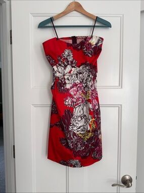 Liefsdottir for Anthropologie Red Strapless Floral Cocktail Dress